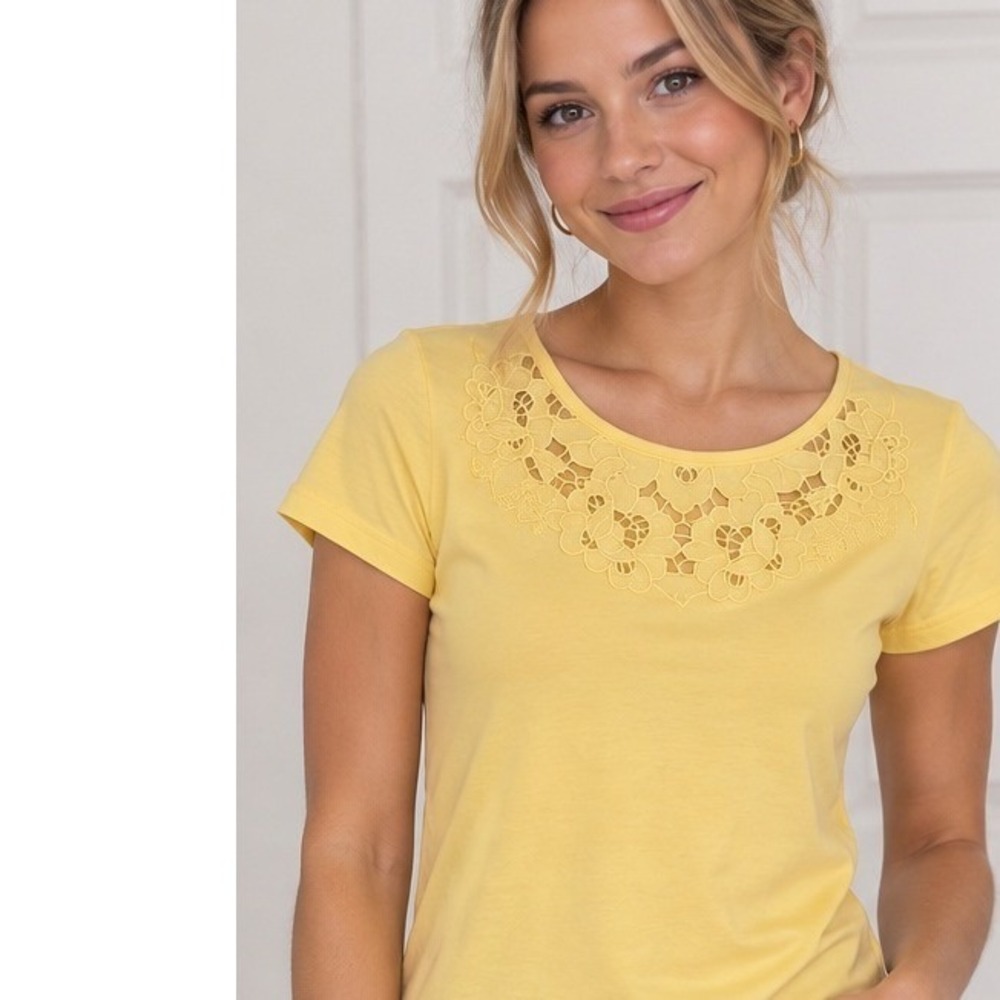 Talbots Petites Yellow Floral Eyelet Lace Yoke Short Sleeve Knit Top Petite P